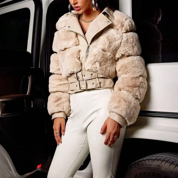 Khaki Preppy Women's Faux Fur Spliced Faux Leather Slim Jacket - Picture 6 of 6